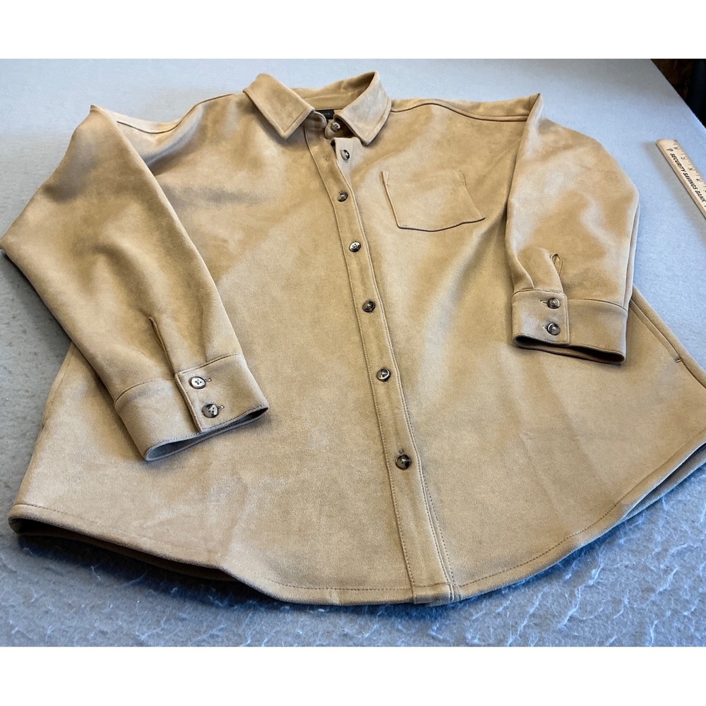 Lafayette 148 New York Faux Suede Button Down Shirt Tan Camel Pockets Medium